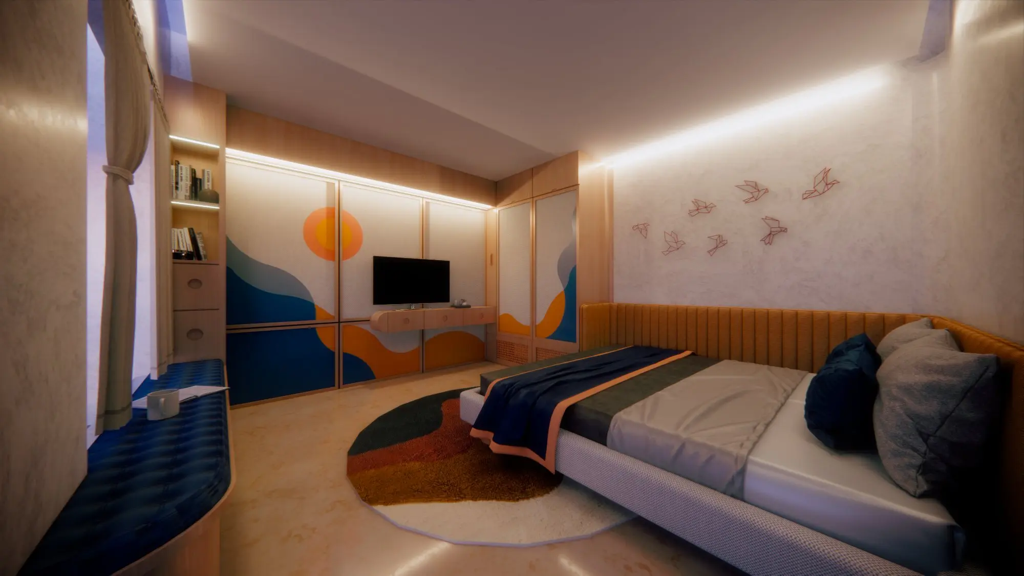 Master bedroom interior render with warm orange-cream palette