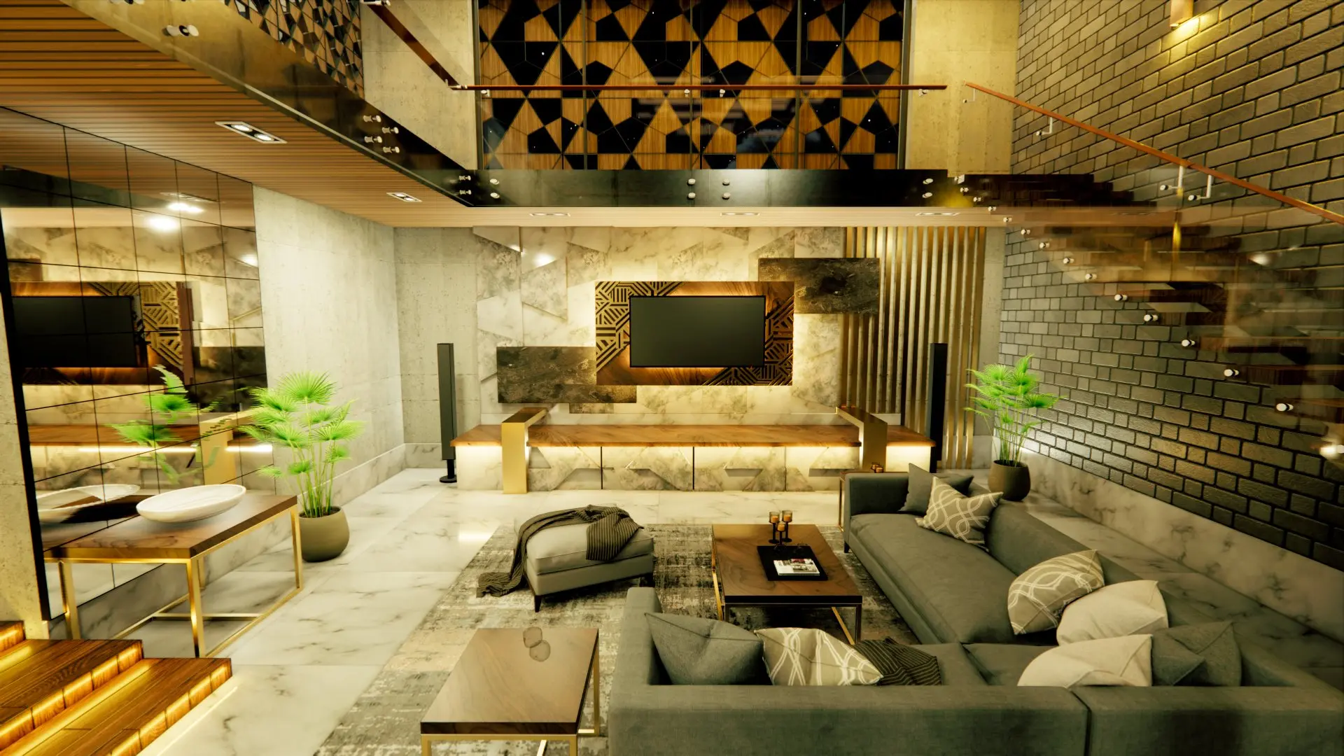 Villa living room interior design with open-plan layout